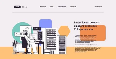 Web developer creating program code on laptop screen development of software and Stockillustratie