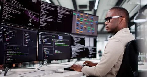 Web Developer Fine-Tuning Software Code At Cyber Office Desk 스톡 사진