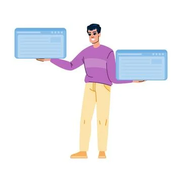Web developer holding two browser windows, showcasing website design and de.. Stock Illustration