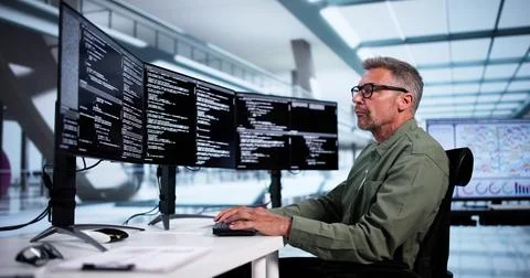 Web Developer Looking At Code. Computer Database Software Programming 스톡 사진