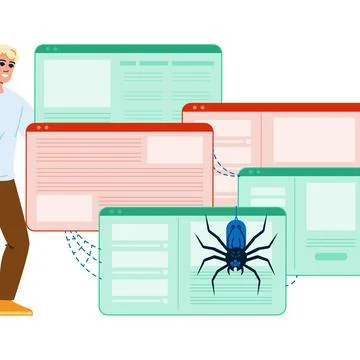 Web developer managing multiple browser windows with crawling spider virus イラスト素材