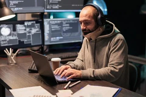 Web developer with medical neck brace working 스톡 사진