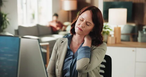 Web developer, neck pain and woman with computer, office and massage for muscle Stock Footage 330063667