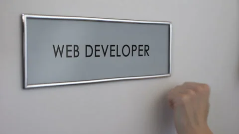 Web developer office door, hand knocking closeup, software program coding Stock Footage 86469275