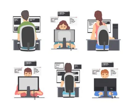 Web Developer or Programmer Working In Front of Computer Screen Vector Stock Illustration