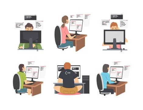 Web Developer or Programmer Working In Front of Computer Screen Vector Stock Illustration