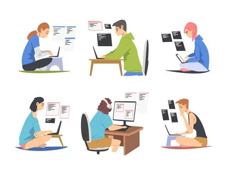 Web Developer or Programmer Working In Front of Computer Screen Vector Stock Illustration