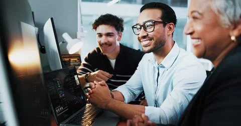 Web developer, smile and celebration in office for software, system or website 写真素材