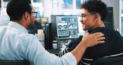 Web developer, smile and coding in office for software, system or website update 库存照片