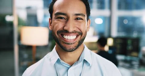 Web developer, smile and portrait of man in office for software system or 스톡 사진