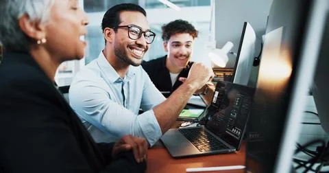 Web developer, smile and team in office for software, system or website update Foto stock