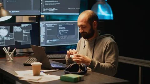 Web developer taking supplements out of box in office 写真素材