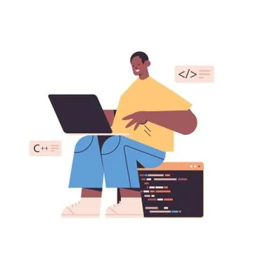 Web developer using laptop creating program code development of software and Stock Illustration