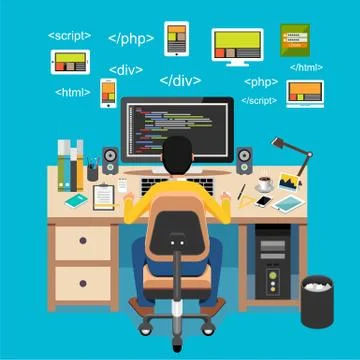 Web developer. Website development. Programmer working on computer. Stock Illustration