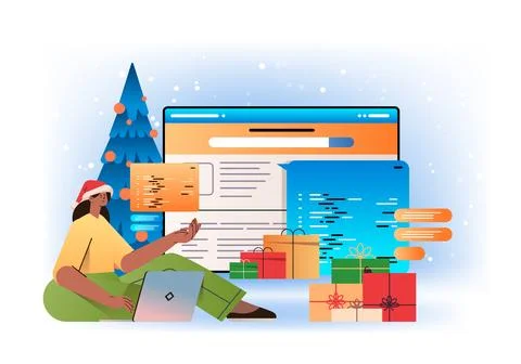 Web developer woman in santa hat creating program code on laptop screen Stock Illustration