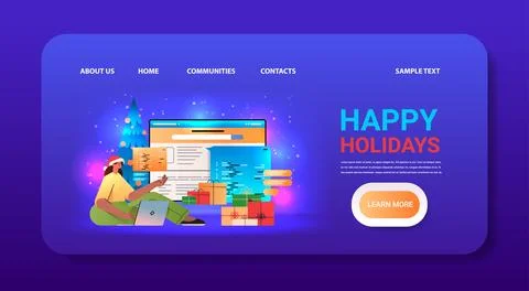 Web developer woman in santa hat creating program code on laptop screen Stock Illustration