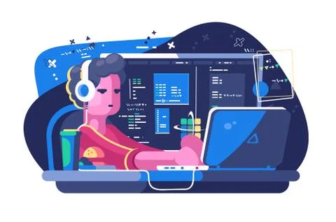 Web developer working on laptop Stock Illustration