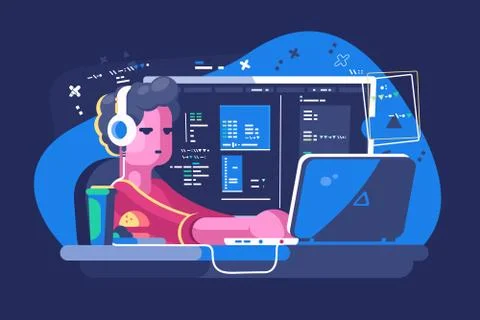Web developer working on laptop Stock Illustration
