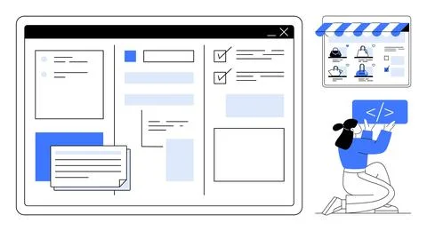 Web Developer Working on Online Store Interface with Code on Large Screen Stockillustratie