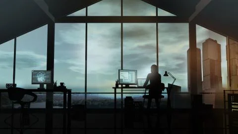 A web developer works in her office in the evening. Stockillustratie