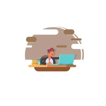 Web developer works on laptop. Businessman sitting at his desk. 스톡 일러스트