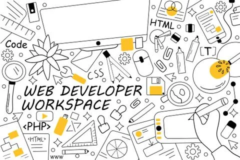 Web developer workspace doodle set Stock Illustration