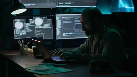 Web developer yawning and feeling exhausted late at night Stock Footage 224577584