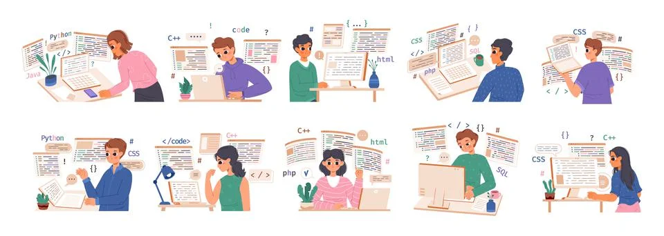 Web developers and coder build projects. Programming, seo web coding characters Stock Illustration