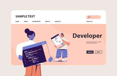 Web developers couple creating program code development of software and Stock Illustration