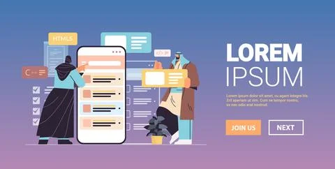 Web developers couple creating program code on smartphone screen development of Stock Illustration