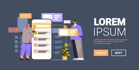 Web developers couple creating program code on smartphone screen development of Stock Illustration