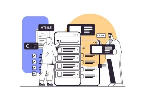 Web developers couple creating program code on smartphone screen development of Stock Illustration