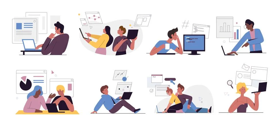 Web developers people work set, designer coder working with virtual graphical Stock Illustration