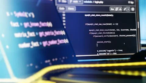 Web Development and Backend Coding Workspace with PHP Source Code on Screen.. Stock Photos