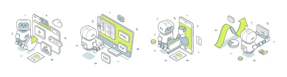 Web development and business analytics isometric vector illustration. Robot c Stock Illustration