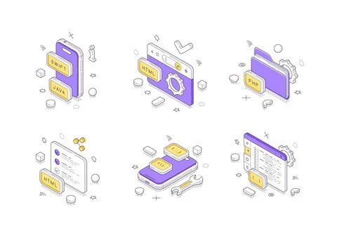 Web development and coding icons. Modern isometric vector illustration for pr イラスト素材