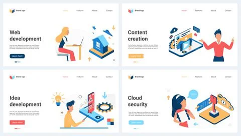 Web development and digital content creation, cloud data security set and tiny Stock Illustration