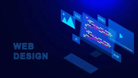 Web development and programming concept with computer isometric 스톡 일러스트