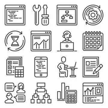 Web Development and Technology Research Icons Set. Vector Stock Illustration