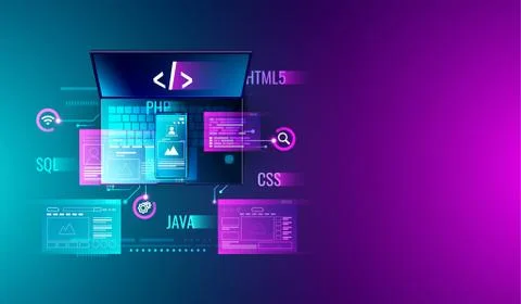 Web development, application design, coding and programming on laptop Stock Illustration