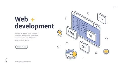 Web development banner with computer screen showing HTML CSS code for program Stock Illustration