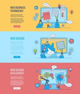 Web development banners set with people silhouette building website page 스톡 일러스트