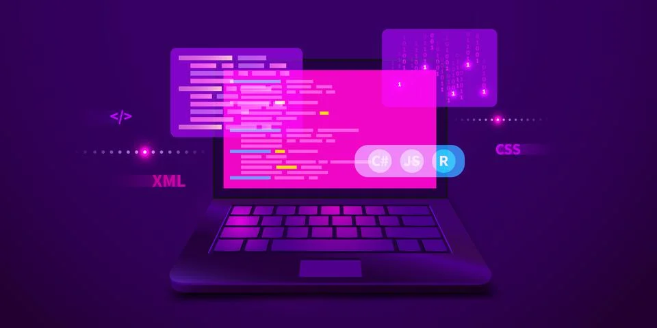 Web development, coding and programming futuristic banner. Computer code on Stock Illustration