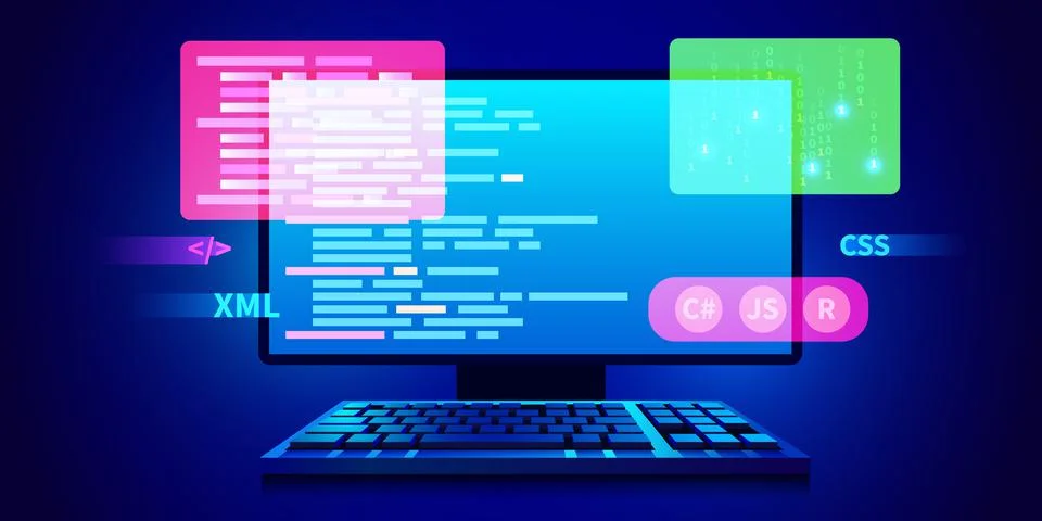 Web development, coding and programming futuristic banner. Computer code on Stock Illustration