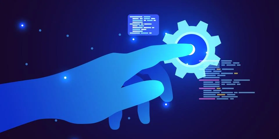 Web development, coding and programming futuristic banner. Hand touching イラスト素材