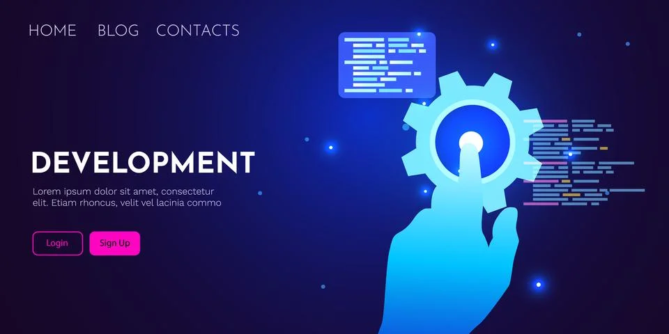 Web development, coding and programming futuristic banner. Hand touching Stock Illustration