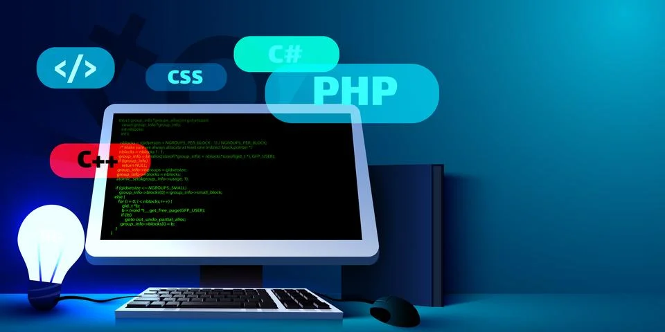 Web development, coding and programming futuristic banner. Computer code on Stock Illustration