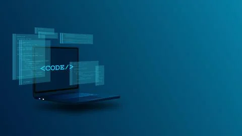 Web Development, Coding, Programming, Data Analysis Laptop with Futuristic UI Stock Illustration