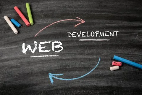 Web development Concept. Black scratched textured chalkboard background 스톡 사진