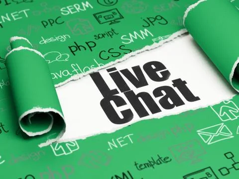 Web development concept: black text Live Chat under the piece of  torn paper 스톡 일러스트